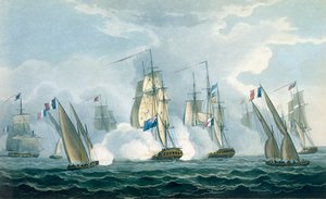 HMS Sirius, capitão Rowse contratando um esquadrão francês fora da foz do Tibre, 17 de abril de 1806, gravado por T. Sutherland para &39;A Cronologia Naval da Grã-Bretanha&39; por J. Ralfe, publicado em 1820 (co